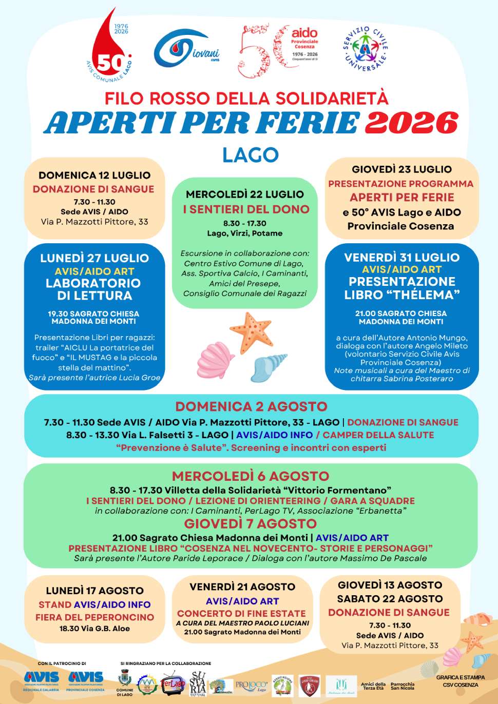 “Aperti per ferie”: 10 eventi a Lago tra donazione solidarietà, l'iniziativa di AVIS e AIDO 52 Aperti-per-ferie Lago-1