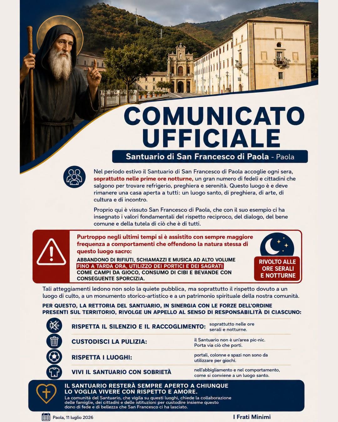 Paola, inciviltà al Santuario di San Francesco tra schiamazzi e sporcizia: scattano le regole anti-degrado 53 Comunicato Rettorato regole San Francesco di Paola