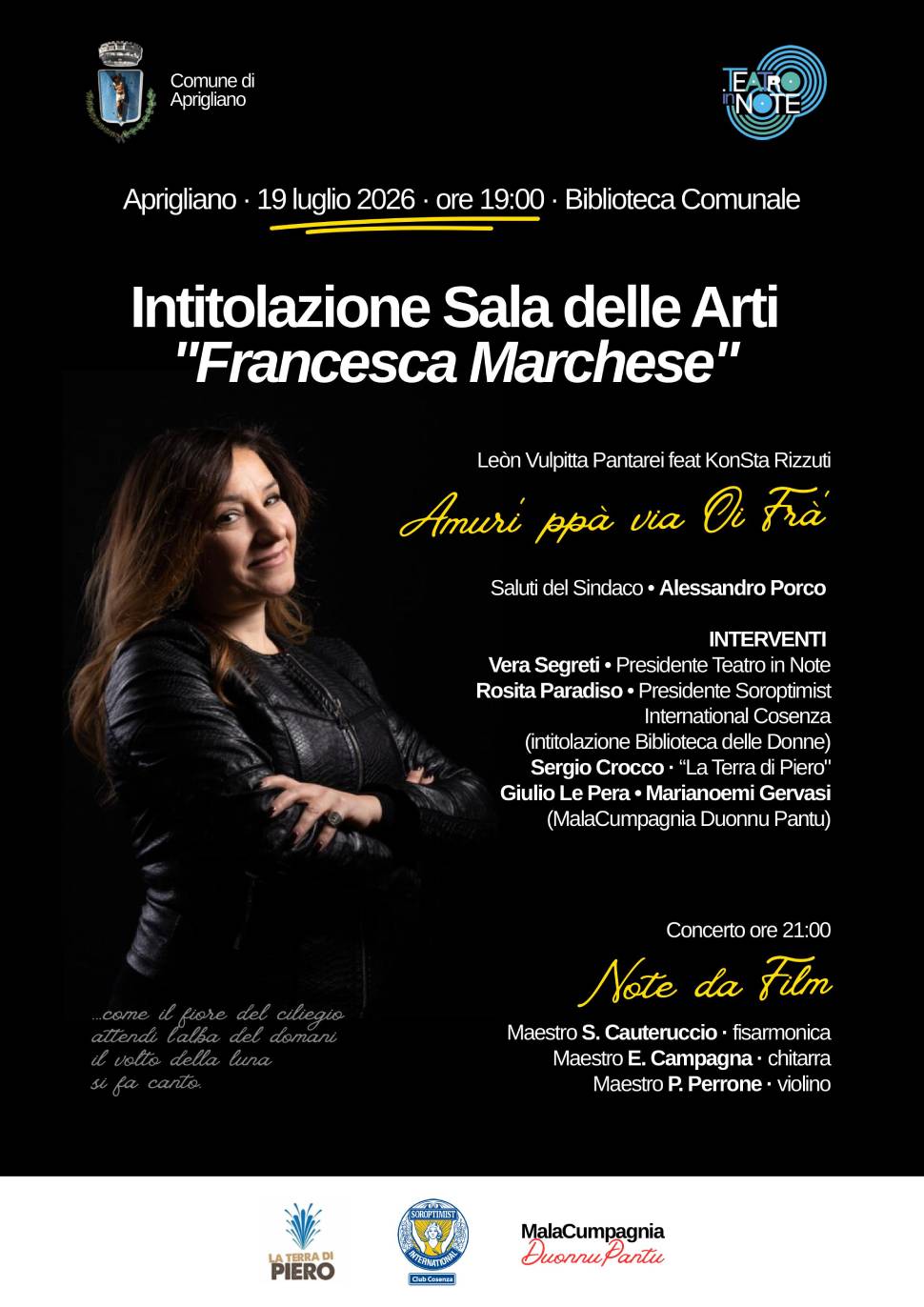 Aprigliano, uno spazio per custodire la memoria di Francesca Marchese: nasce la "Sala delle Arti" 53 Locandina Intitolazione Sala Francesca Marchese Aprigliano