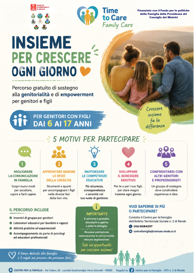 A Rende la presentazione di Time to Care per le famiglie: 3 percorsi per sostenere genitori e figli 52 Locandina Time to Care