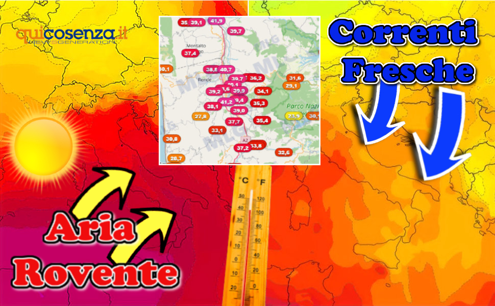Altri 7 giorni di caldo rovente, raggiunti i 40 gradi a Cosenza e Rende. Ma c'è una svolta: aria fresca e crollo termico 90 Meteo caldo africano Cosenza