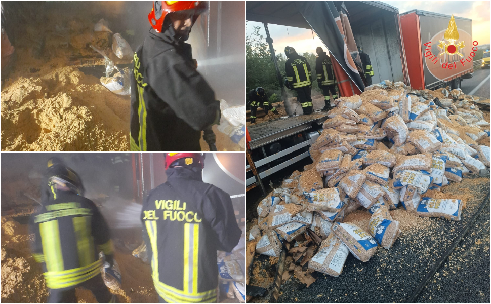 A2, autotreno carico di pellet prende fuoco nella notte: ore di lavoro per domare l'incendio 213 A2-incendio-camion-pellet-Lamezia-Falerna