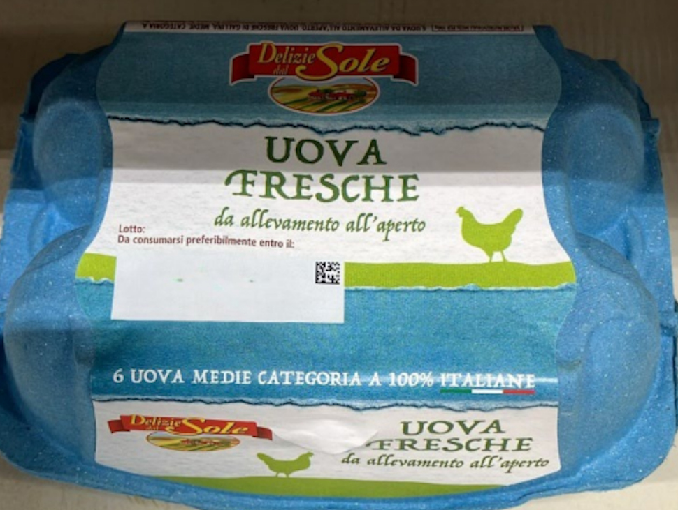 Uova fresche da allevamento all'aperto Delizie del Sole, vendute all'Eurospin, ritirate: rischio Salmonella 52 Uova fresche Delizie del Sole