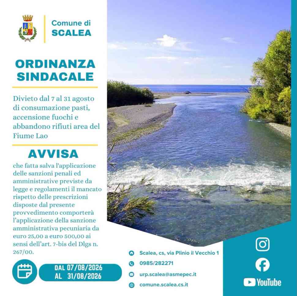 Scalea, scatta la nuova ordinanza per l'area del Fiume Lao: stop a pasti, fuochi e abbandono di rifiuti 52 Fiume Lao ordinanza Scalea