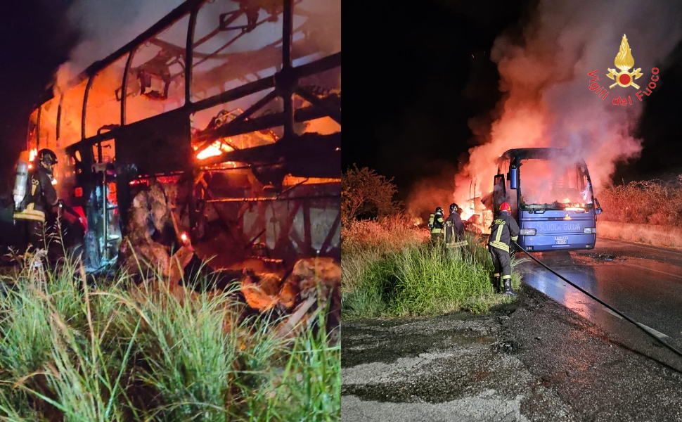SS182 Autobus scuola guida soverato incendio