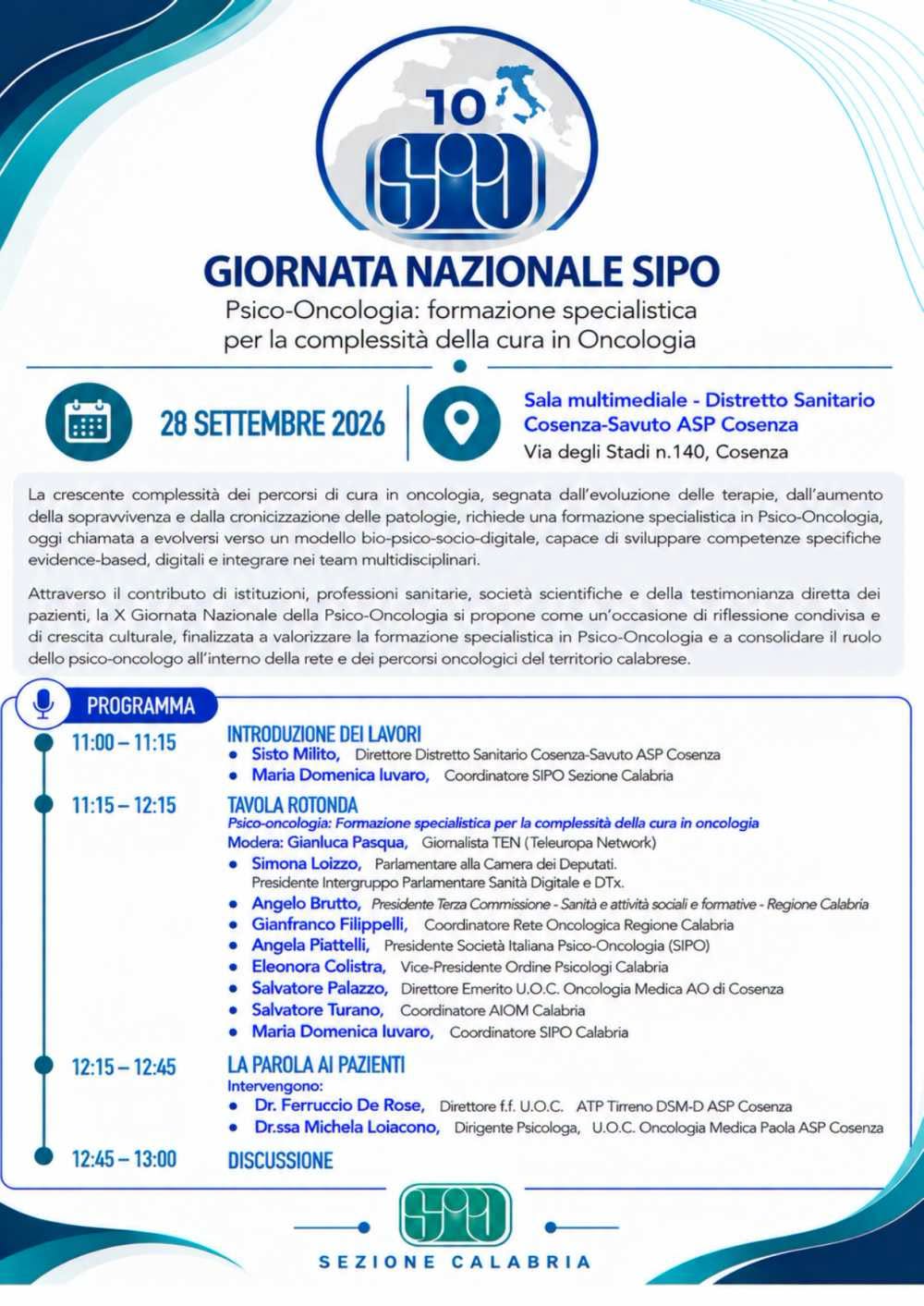 X Giornata Nazionale SIPO: a Cosenza la formazione specialistica in Psico-Oncologia al centro della cura 52 Sipo Cosenza evento Asp