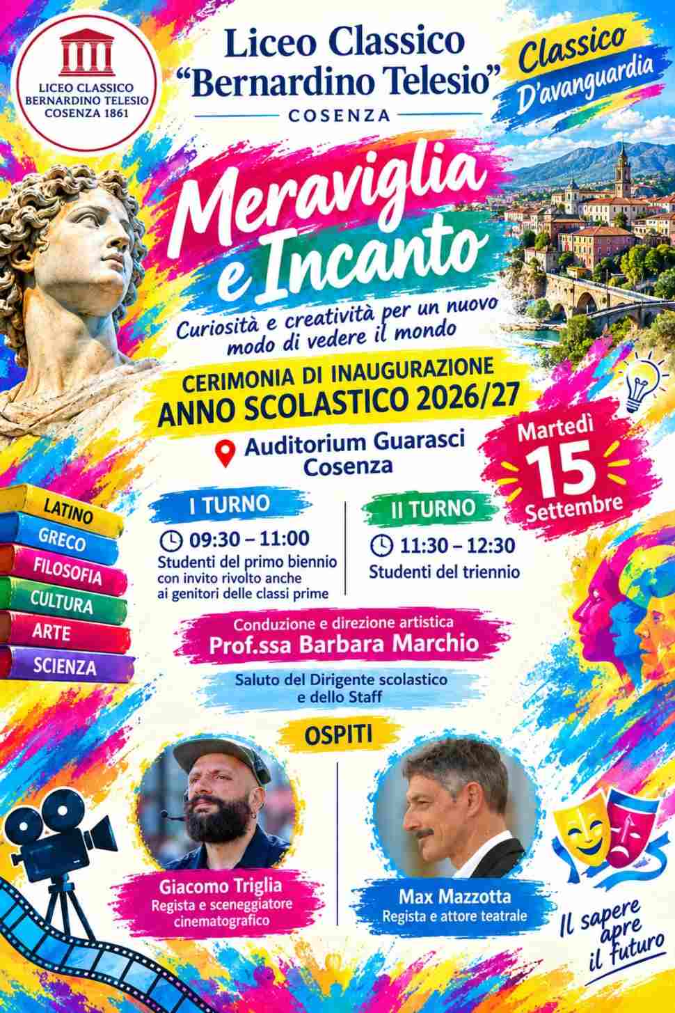 Cosenza, il liceo Telesio inaugura l'anno scolastico con un evento d'eccezione: arrivano Max Mazzotta e Giacomo Triglia 53 Telesio locandina inaugurazione