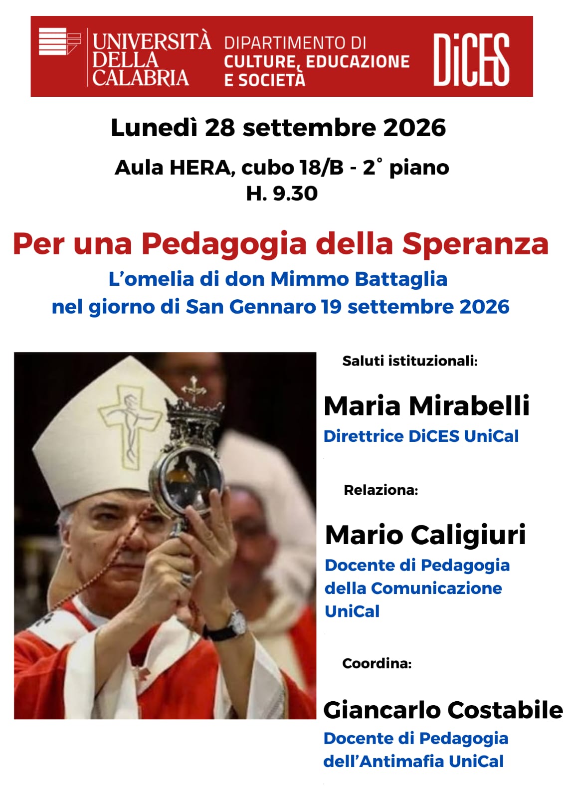 Rende: “Per una Pedagogia della Speranza”, all’Unical un seminario sull’omelia dell’arcivescovo di Napoli