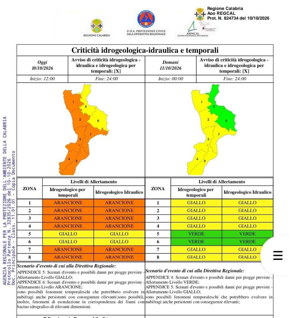 La prima ondata di maltempo in Calabria provoca frane, allagamenti e strade interrotte. ProC: "Priorità a viabilità e sicurezza" 54 Allerta meteo gialla 11 ottobre 2026