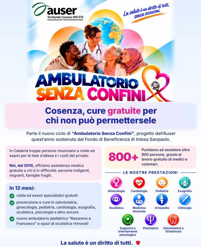Cosenza, al via “Ambulatorio Senza Confini”: 2.500 cure gratuite per oltre 800 beneficiari 53 auser ambulatorio senza confini
